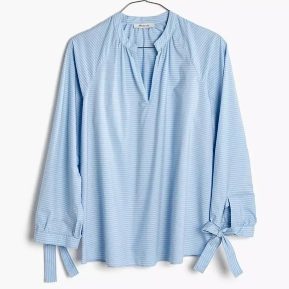 Madewell • Blue White Horizontal Striped Tie-Sleeve Popover Top - Picture 4 of 8